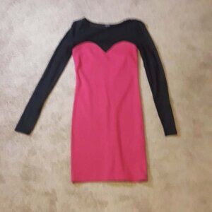 Forever 21 Hot Pink Black Minidress. Sheer Long Sleeves, Bodycontour, Size Sm